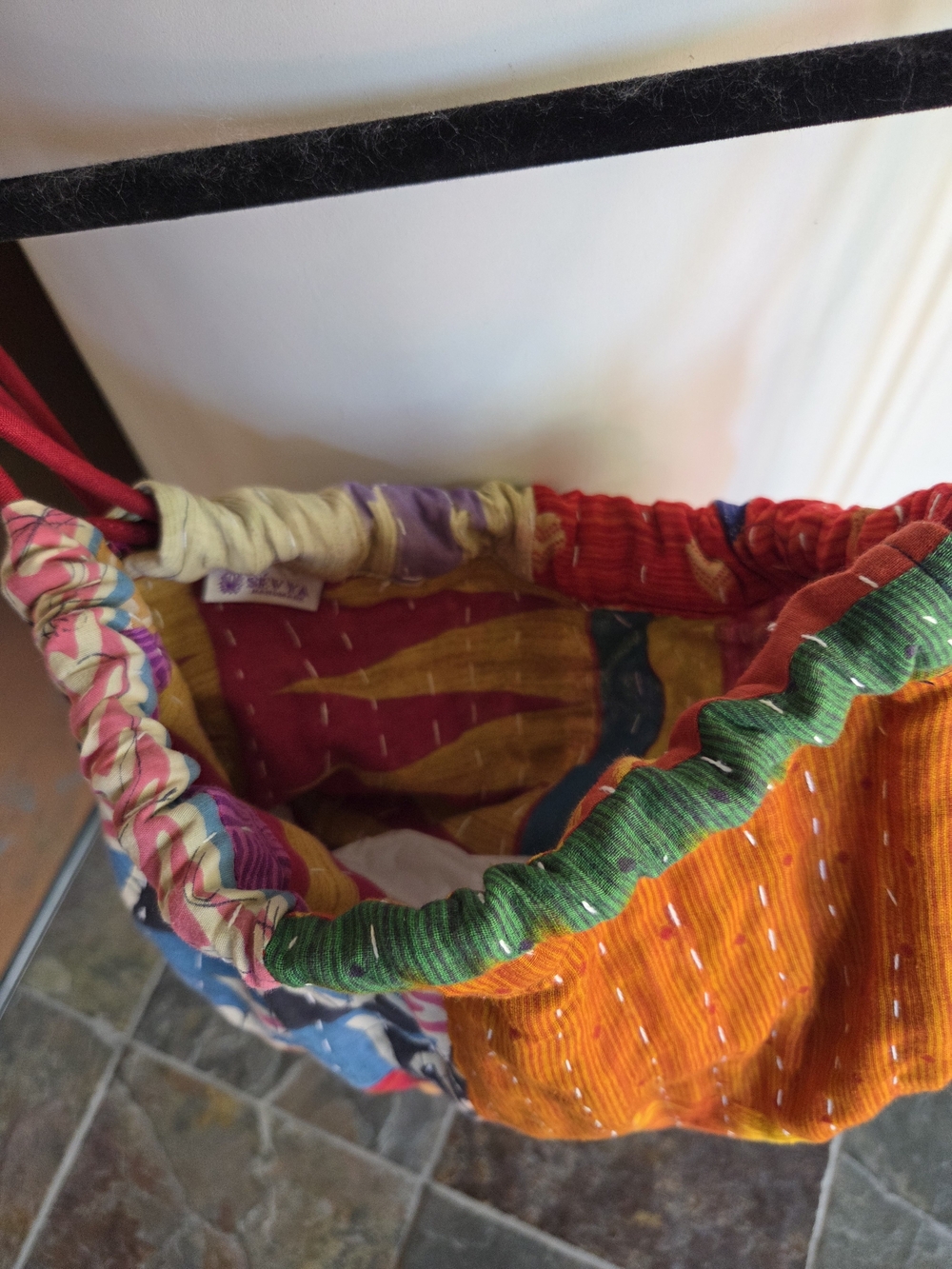 Multicolor Boho Drawstring Backpack - Patchwork Kantha Style - Picture 4 of 5